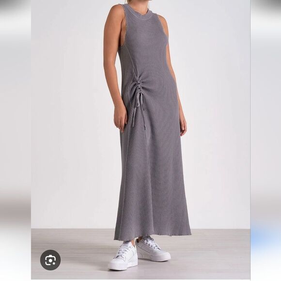 Elan, Waffle Knit, 100% Cotton, Gray, Ruched With Tie, Maxi Dress, S - Picture 2 of 8